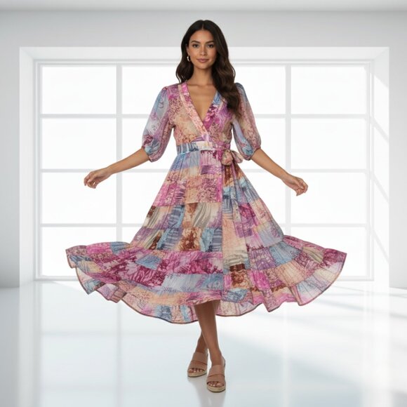 Johnny Was Jade Annalise Silk Blend Patchwork Floral Wrap Midi Dress M - Picture 1 of 13